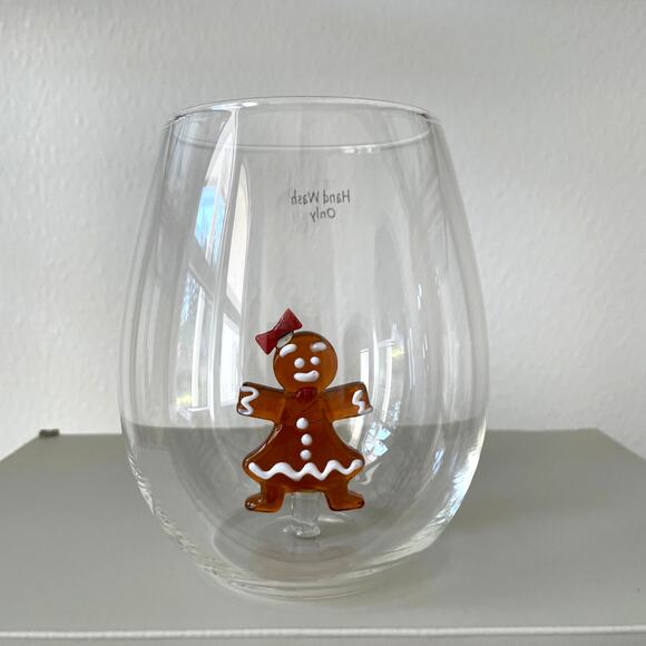 NEIMAN MARCUS Gingerbread Man Stemless Wine Glass Set of 2 Holiday Barware NEW - Picture 4 of 12
